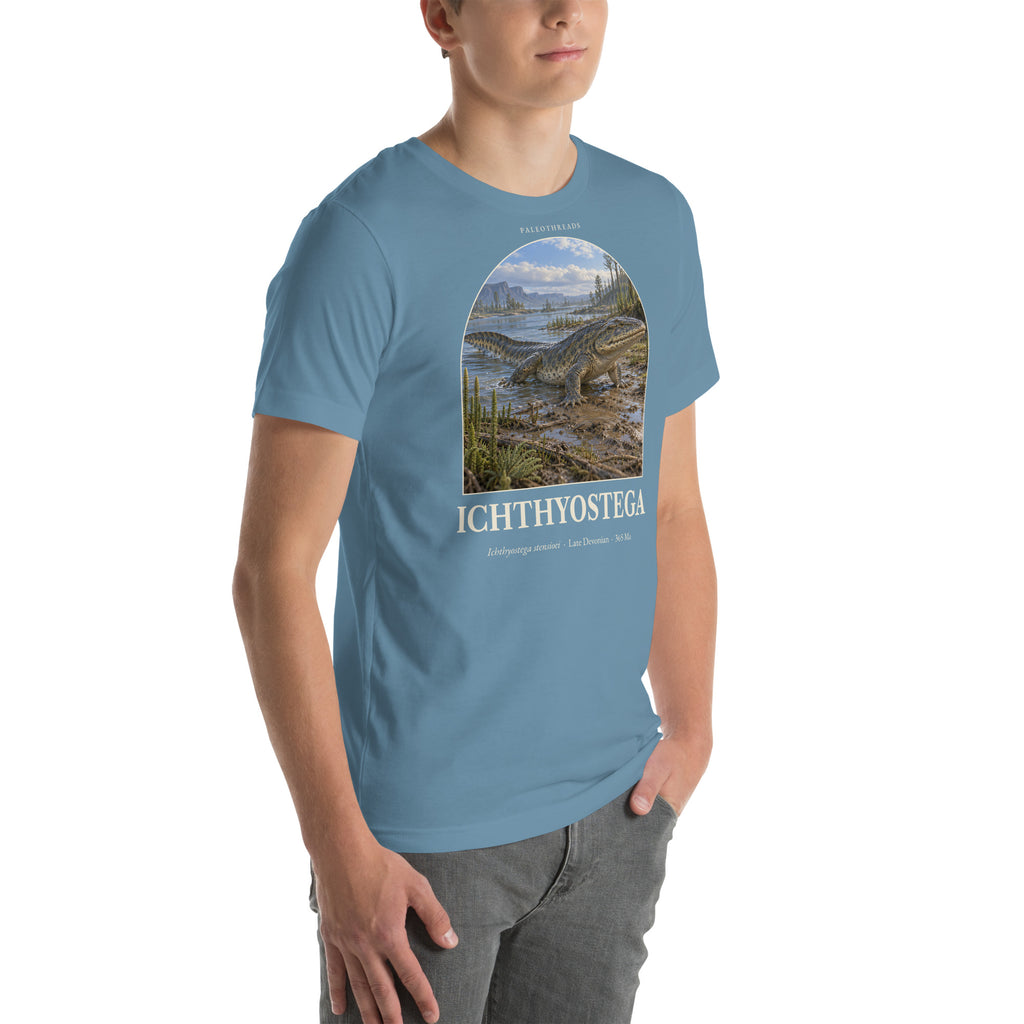 Ichthyostega T-shirt in Steel Blue, right front view — Deep Time Atlas Plate 145, PaleoThreads