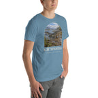 Ichthyostega T-shirt in Steel Blue, right front view — Deep Time Atlas Plate 145, PaleoThreads