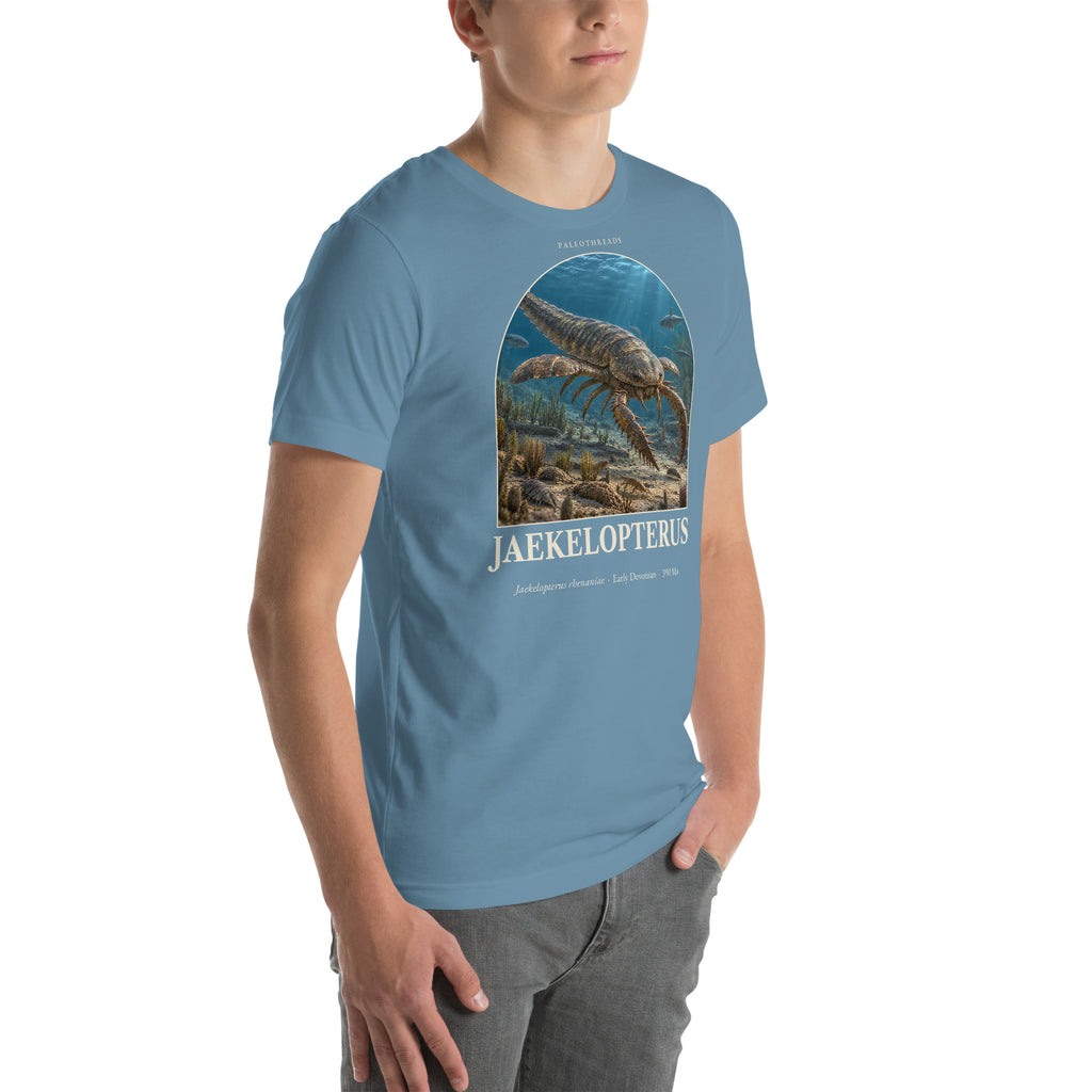 Jaekelopterus T-shirt in Steel Blue, right front view — Deep Time Atlas Plate 141, PaleoThreads