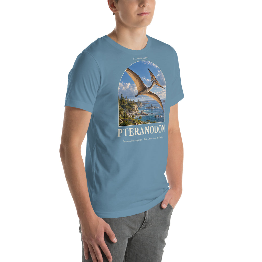 Pteranodon T-shirt in Steel Blue, right front view — Deep Time Atlas Plate 097, PaleoThreads
