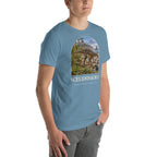 Scelidosaurus T-shirt in Steel Blue, right front view — Deep Time Atlas Plate 087, PaleoThreads