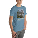 Parasaurolophus T-shirt in Steel Blue, right front view — Deep Time Atlas Plate 071, PaleoThreads