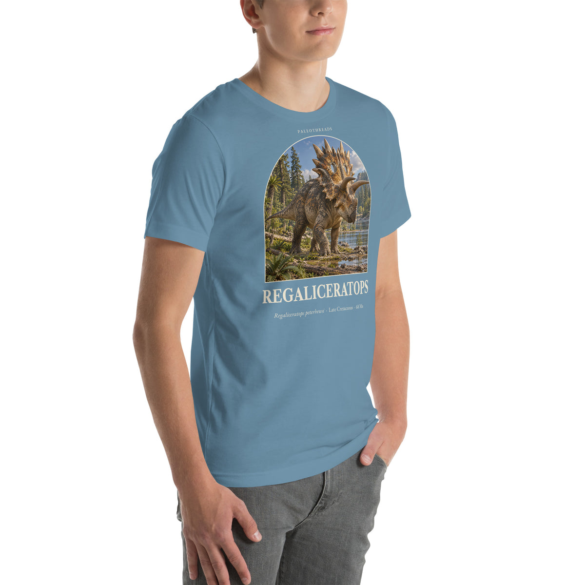 Regaliceratops T-shirt in Steel Blue, right front view — Deep Time Atlas Plate 069, PaleoThreads