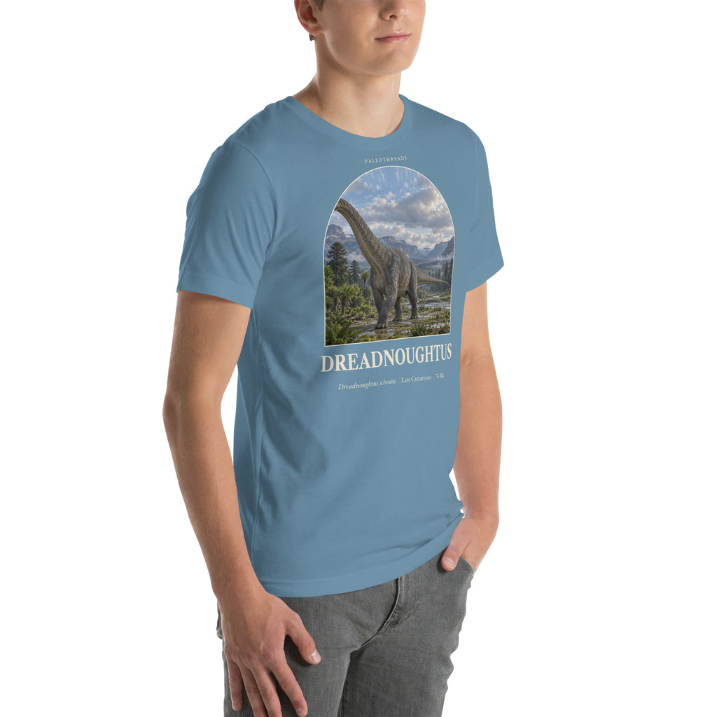 Dreadnoughtus T-shirt in Steel Blue, right front view — Deep Time Atlas Plate 055, PaleoThreads
