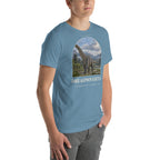 Dreadnoughtus T-shirt in Steel Blue, right front view — Deep Time Atlas Plate 055, PaleoThreads