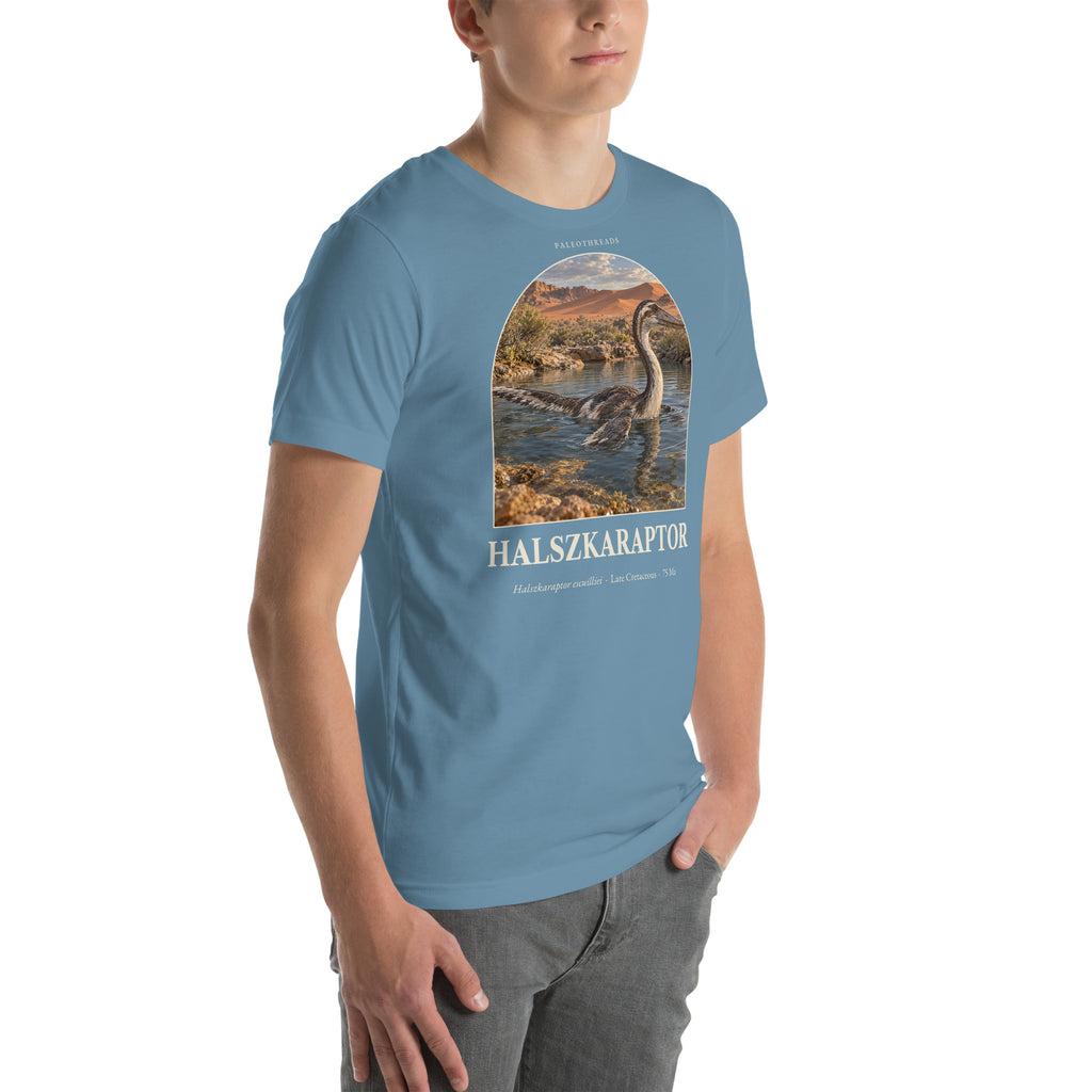 Halszkaraptor T-shirt in Steel Blue, right front view — Deep Time Atlas Plate 040, PaleoThreads
