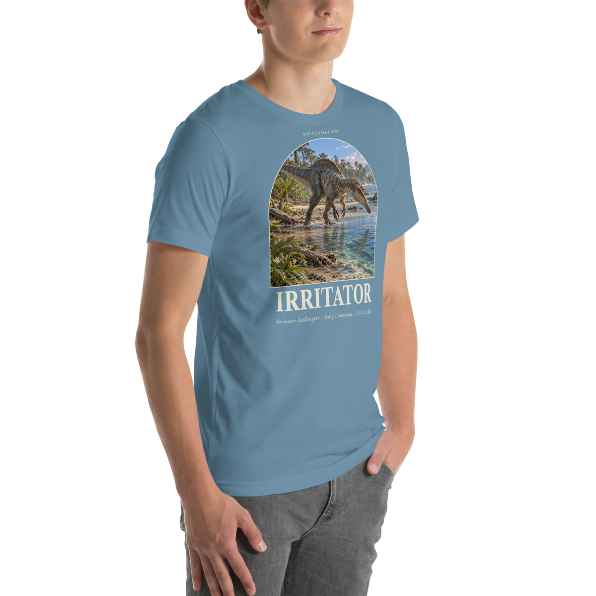 Irritator T-shirt in Steel Blue, right front view — Deep Time Atlas Plate 031, PaleoThreads