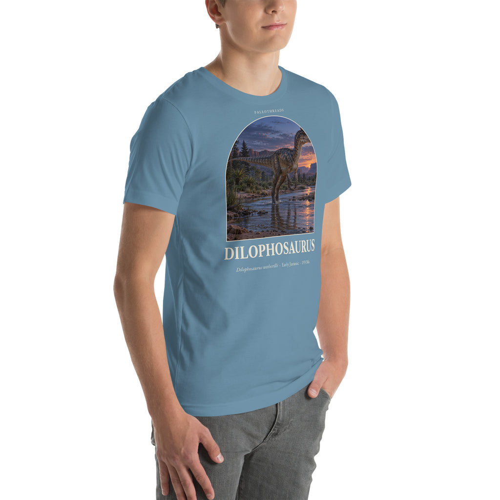 Dilophosaurus T-shirt in Steel Blue, right front view — Deep Time Atlas Plate 019, PaleoThreads