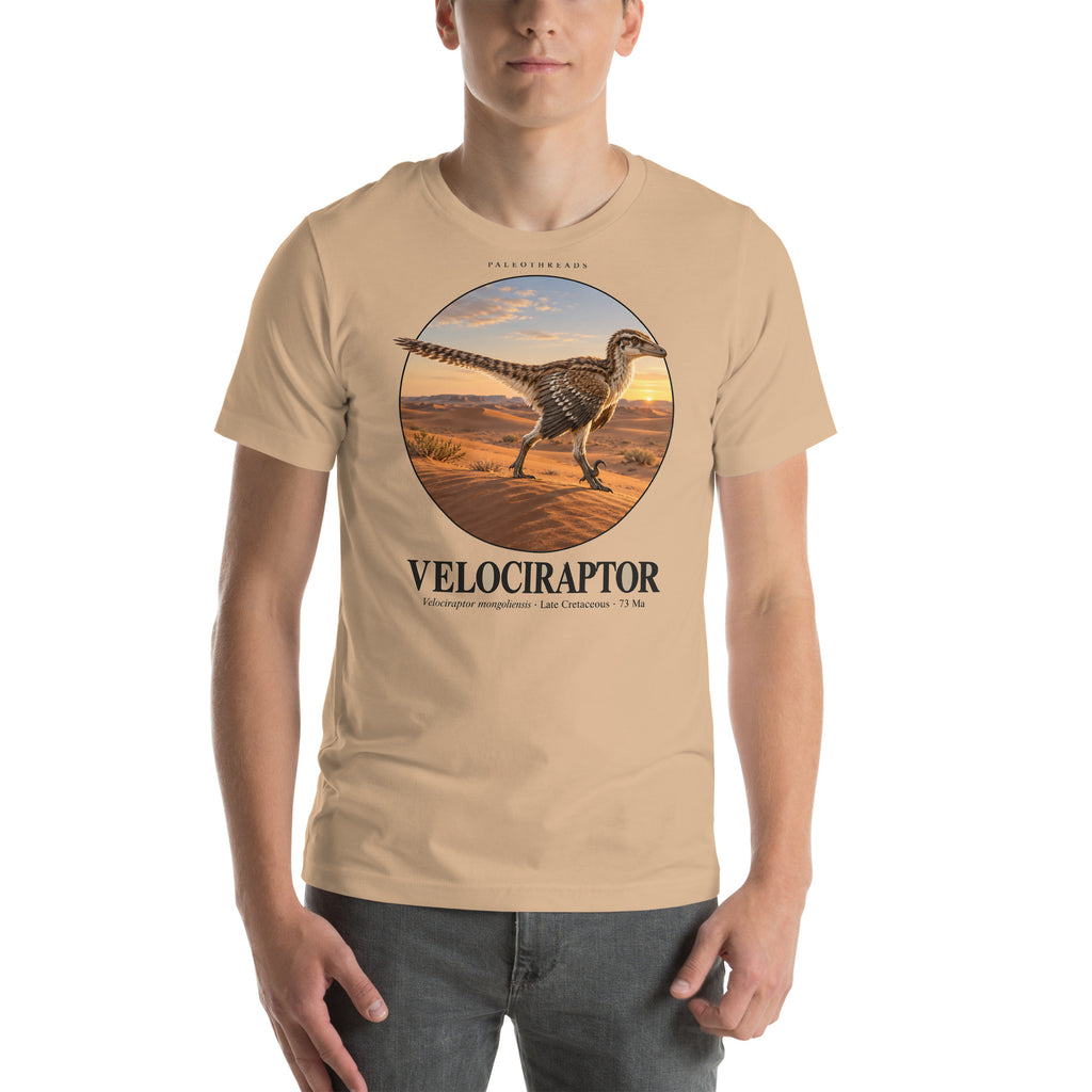 Velociraptor T-shirt in Tan — Deep Time Atlas Plate 005, PaleoThreads