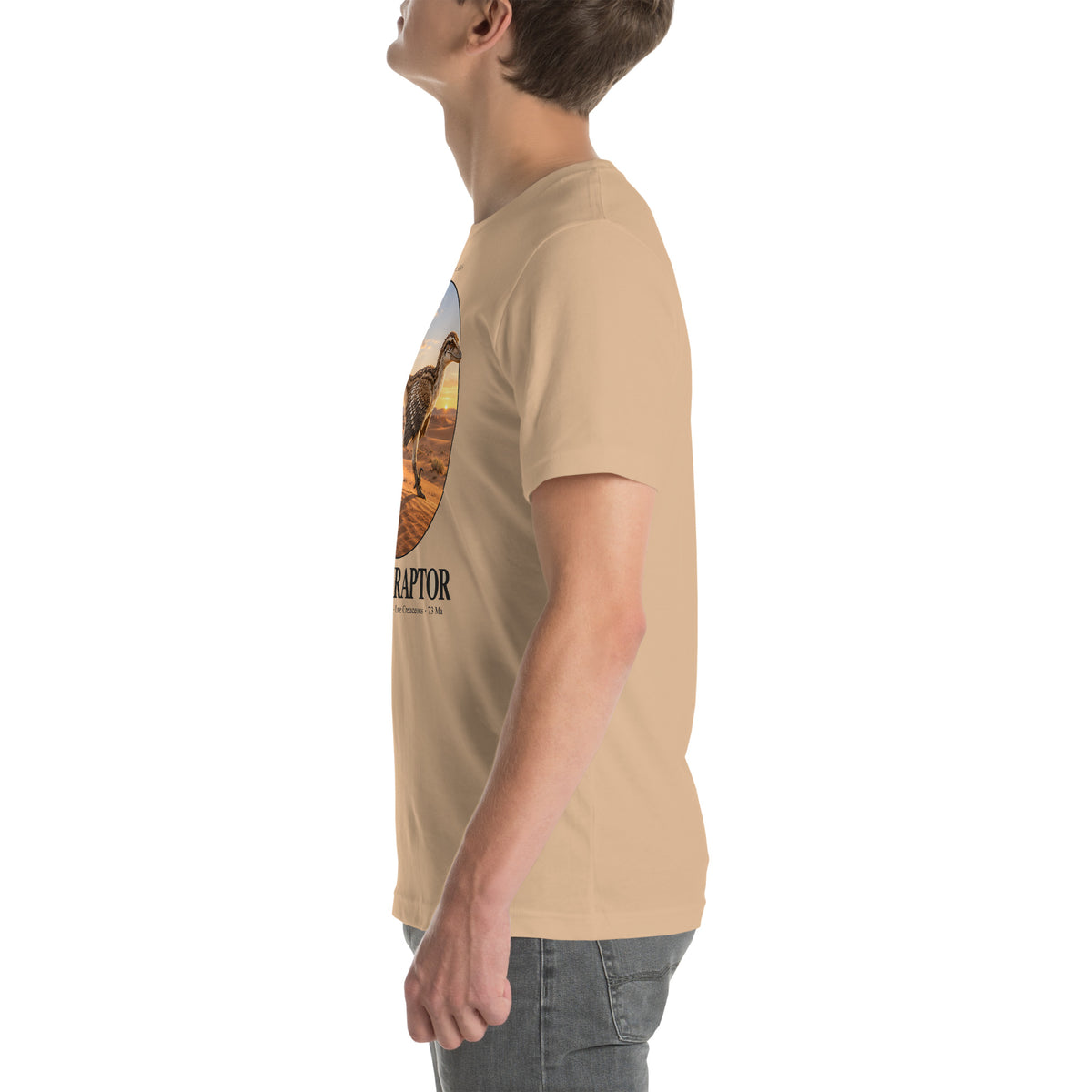Velociraptor T-shirt in Tan, left view — Deep Time Atlas Plate 005, PaleoThreads