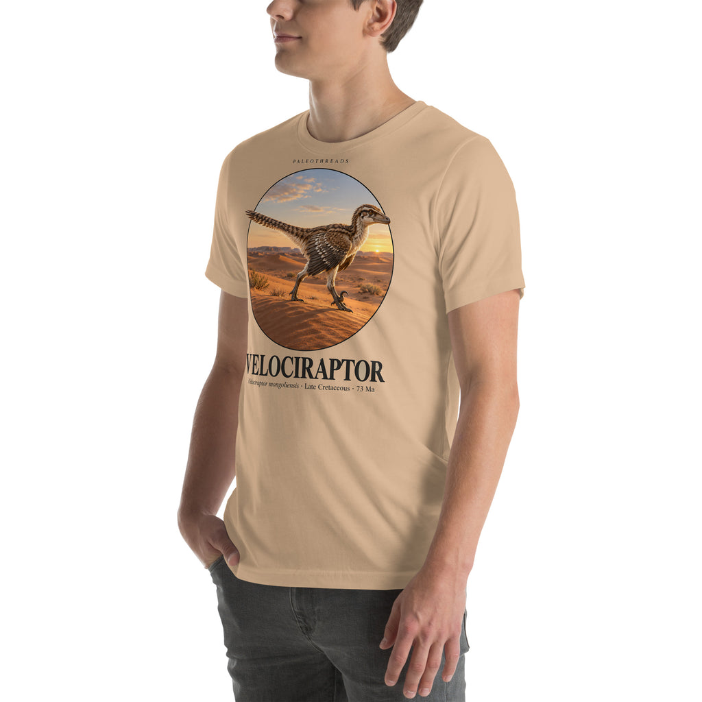 Velociraptor T-shirt in Tan, left front view — Deep Time Atlas Plate 005, PaleoThreads
