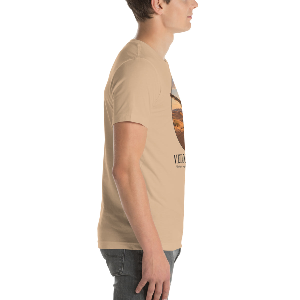 Velociraptor T-shirt in Tan, right view — Deep Time Atlas Plate 005, PaleoThreads