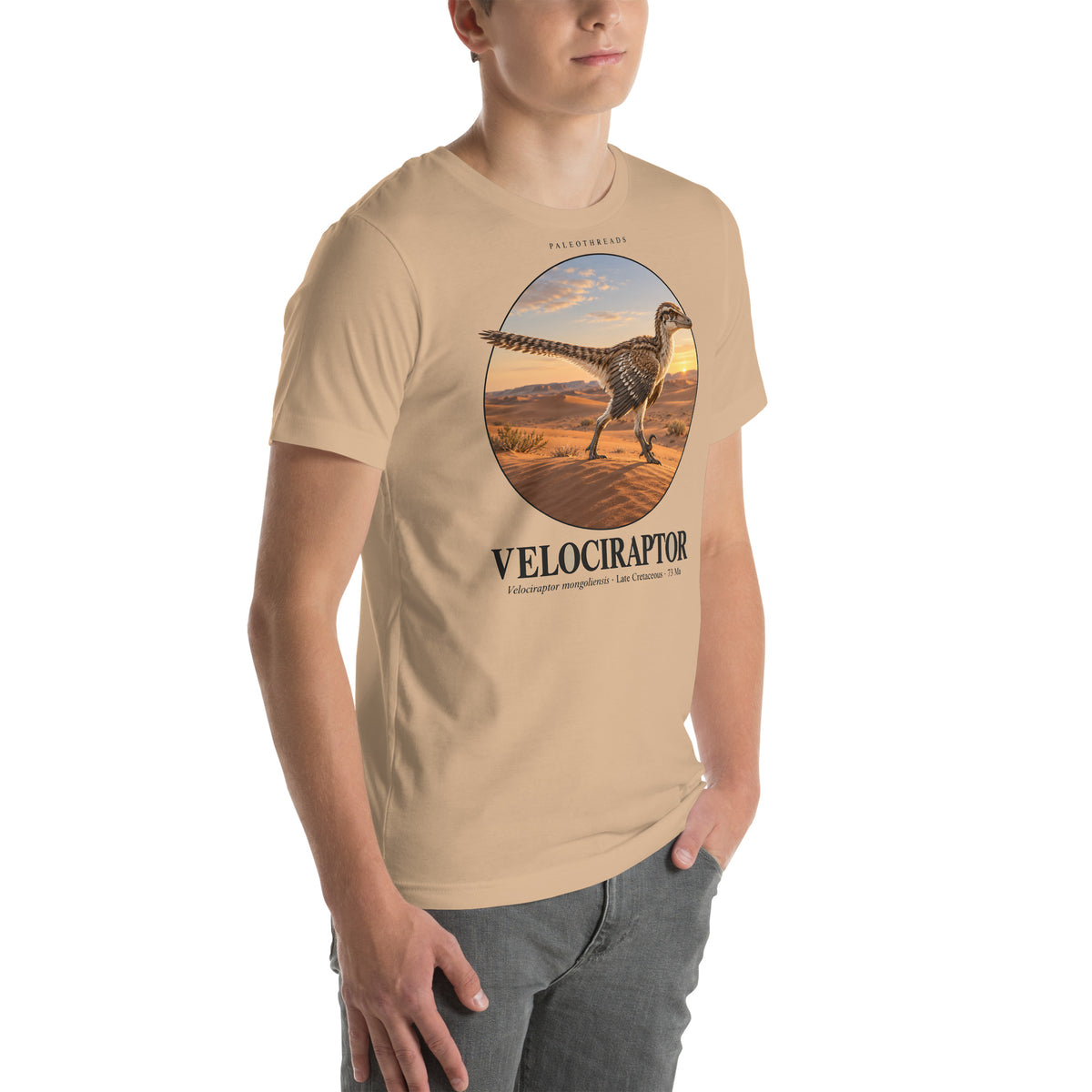 Velociraptor T-shirt in Tan, right front view — Deep Time Atlas Plate 005, PaleoThreads