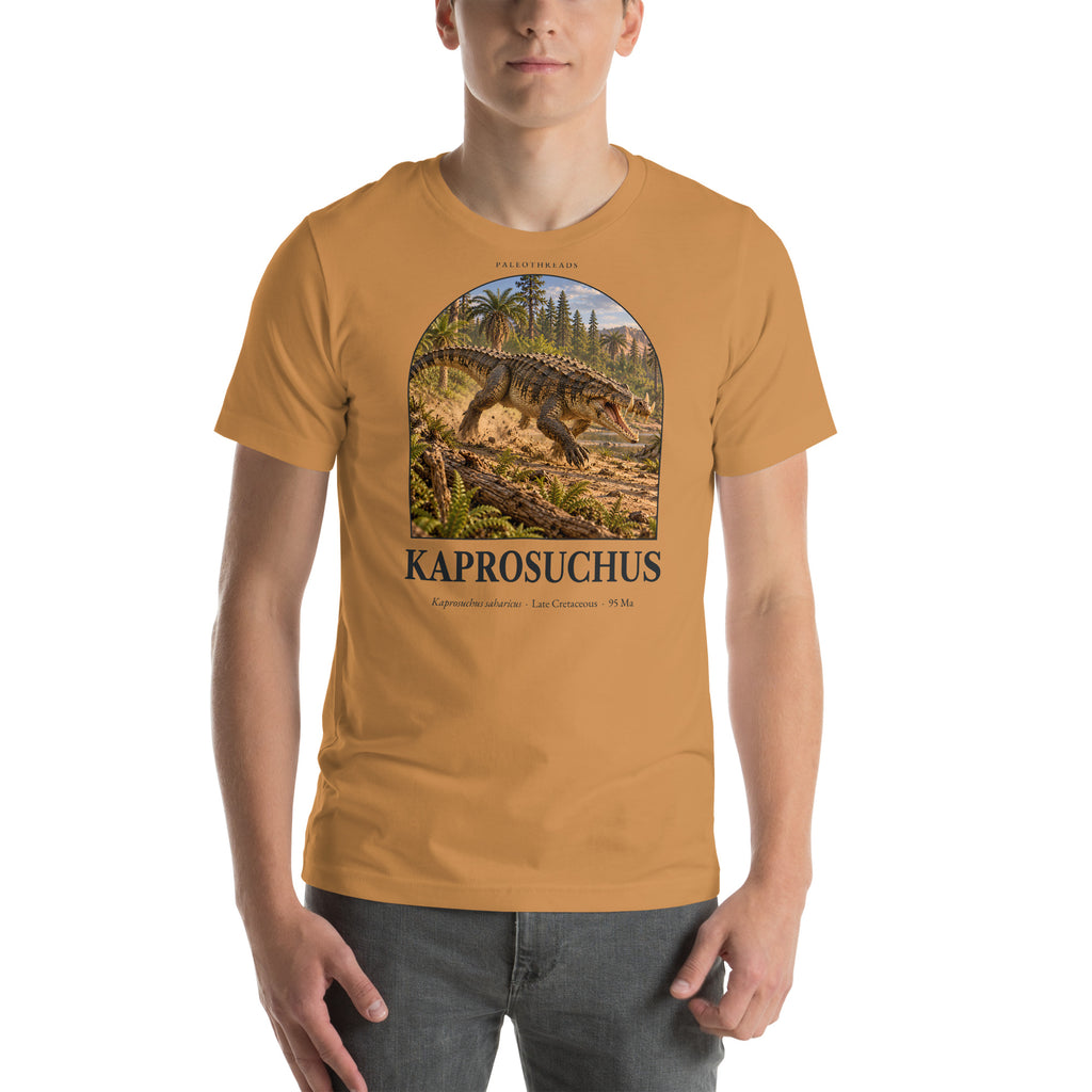 Kaprosuchus T-shirt in Toast — Deep Time Atlas Plate 126, PaleoThreads