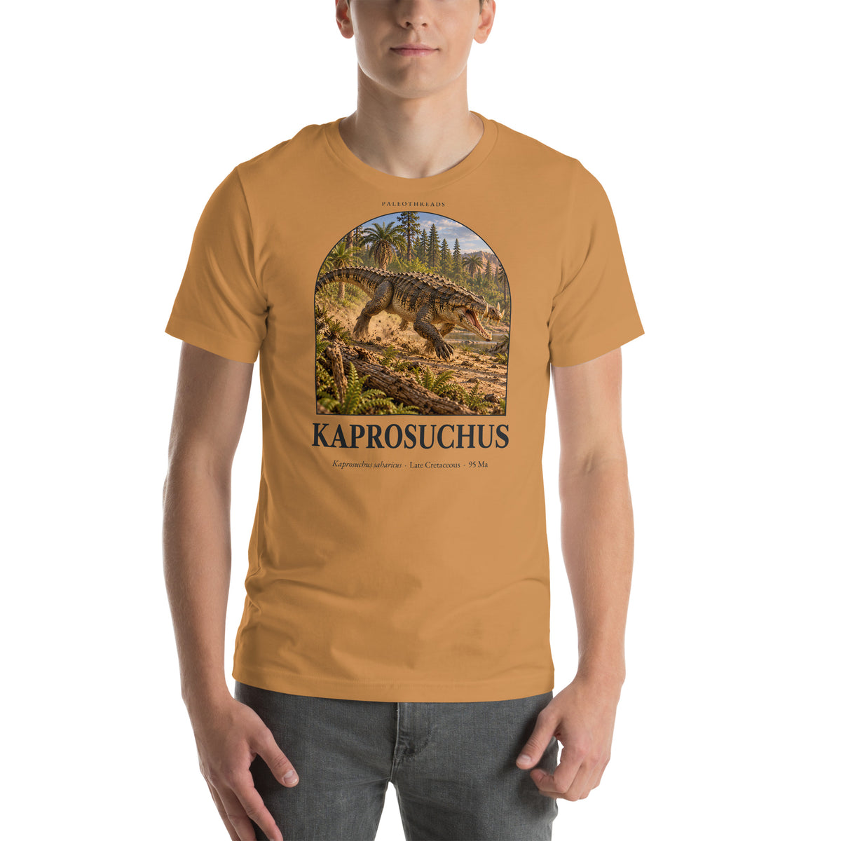 Kaprosuchus T-shirt in Toast — Deep Time Atlas Plate 126, PaleoThreads