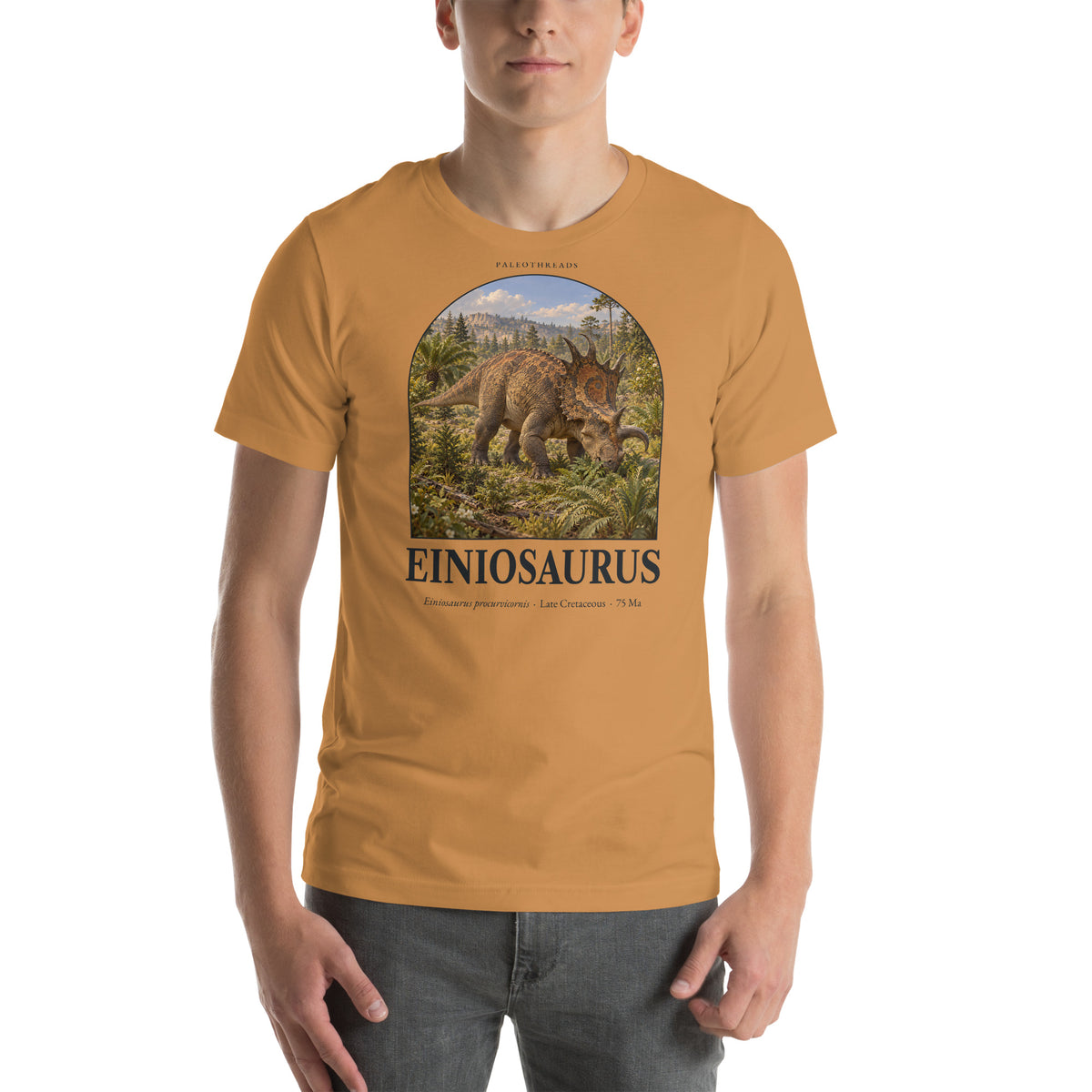 Einiosaurus T-shirt in Toast — Deep Time Atlas Plate 066, PaleoThreads