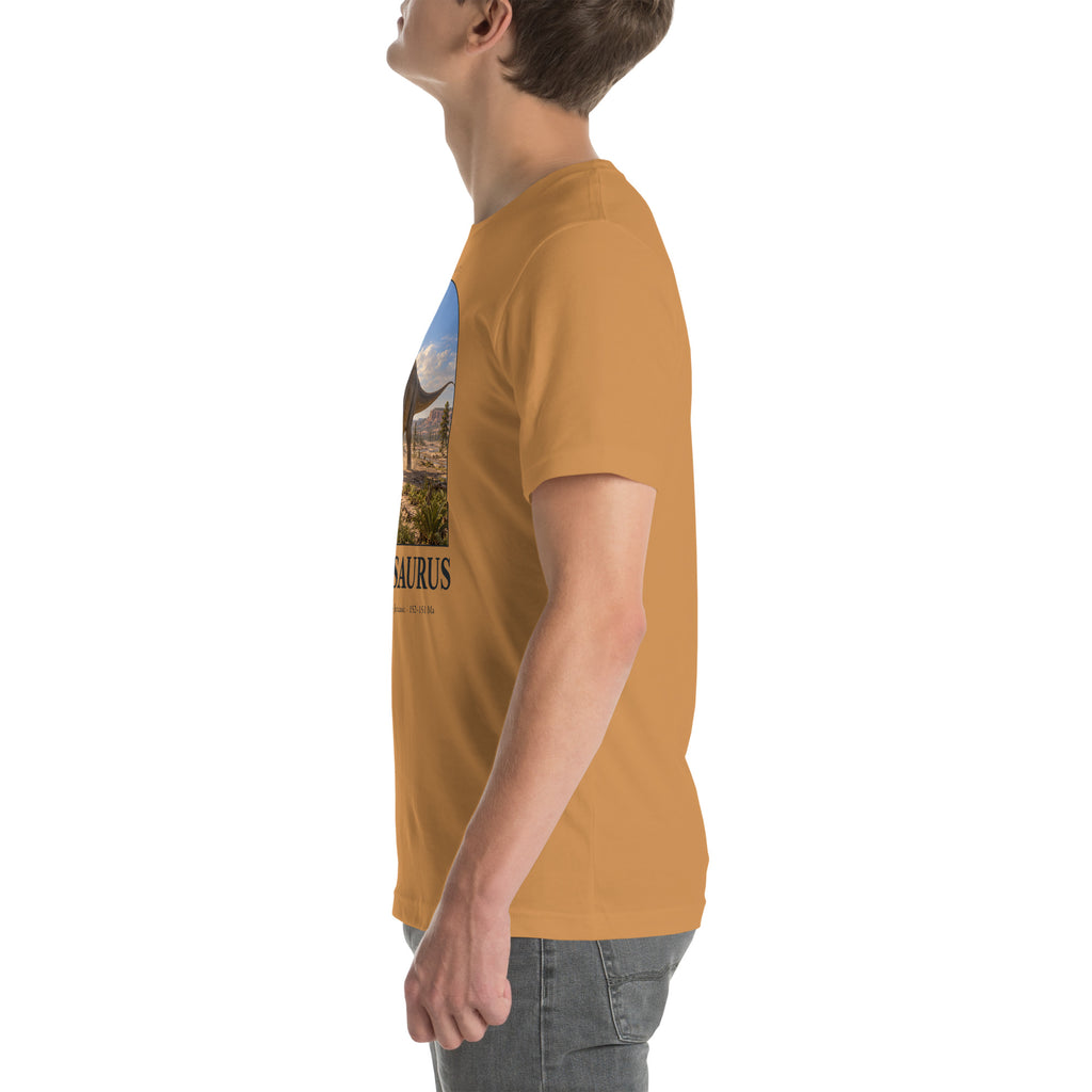 Apatosaurus T-shirt in Toast, left view — Deep Time Atlas Plate 046, PaleoThreads