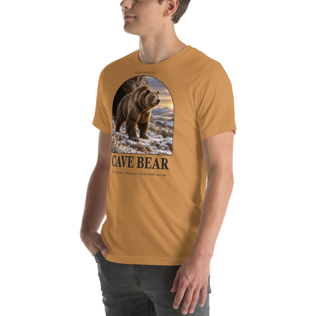 Cave bear T-shirt in Toast, left front view — Deep Time Atlas Plate 161, PaleoThreads