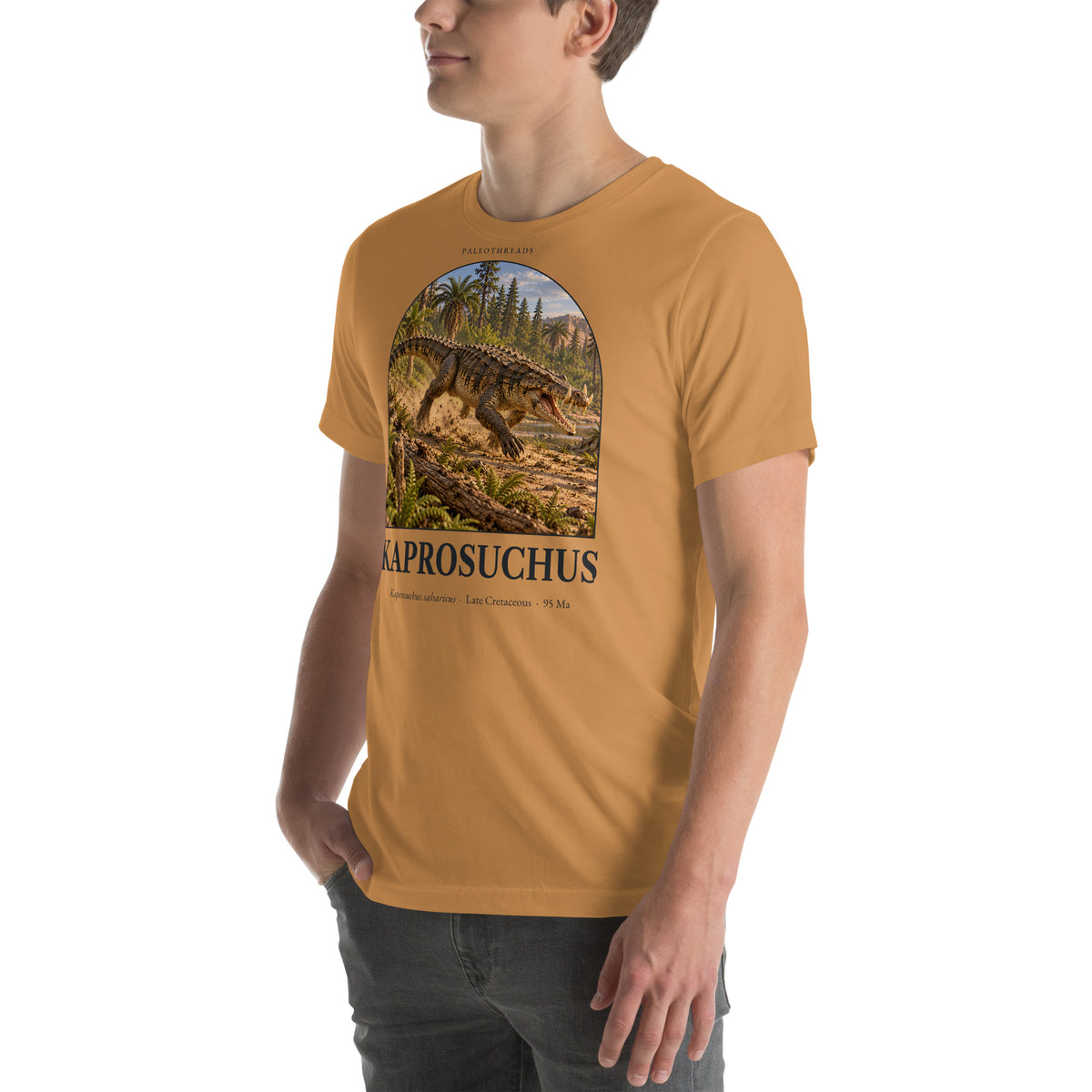 Kaprosuchus T-shirt in Toast, left front view — Deep Time Atlas Plate 126, PaleoThreads