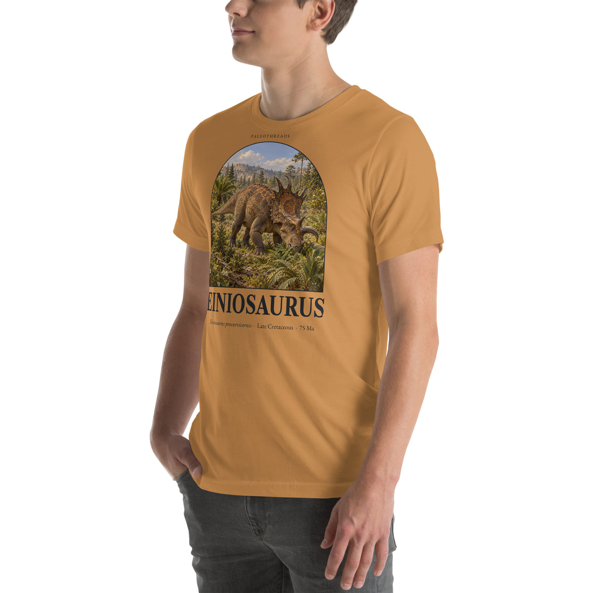 Einiosaurus T-shirt in Toast, left front view — Deep Time Atlas Plate 066, PaleoThreads