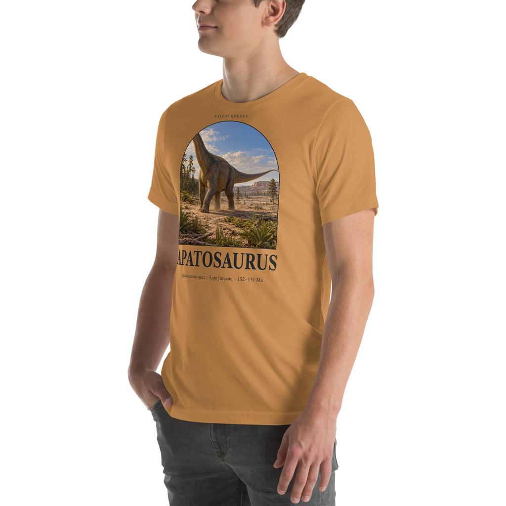 Apatosaurus T-shirt in Toast, left front view — Deep Time Atlas Plate 046, PaleoThreads