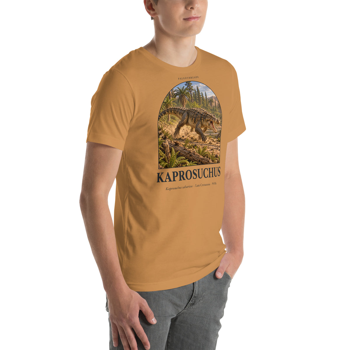 Kaprosuchus T-shirt in Toast, right front view — Deep Time Atlas Plate 126, PaleoThreads
