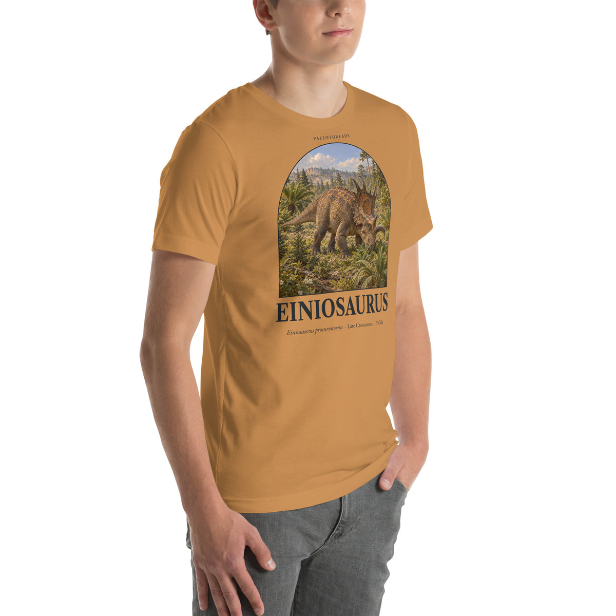 Einiosaurus T-shirt in Toast, right front view — Deep Time Atlas Plate 066, PaleoThreads