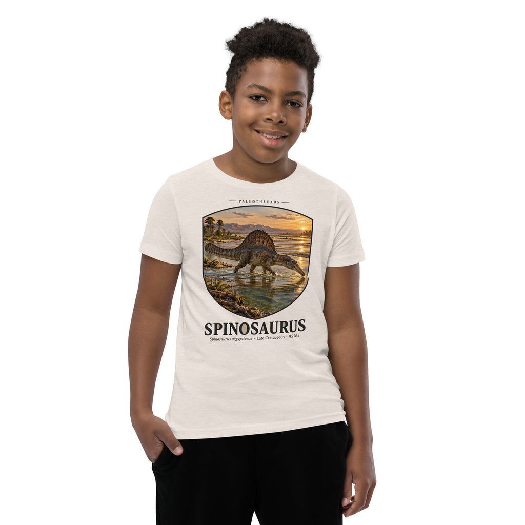 Spinosaurus kids T-shirt in Heather Dust — Deep Time Atlas Plate 002, PaleoThreads