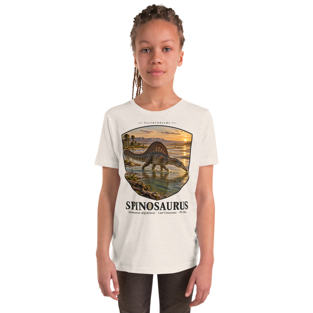Spinosaurus kids T-shirt in Heather Dust — Deep Time Atlas Plate 002, PaleoThreads