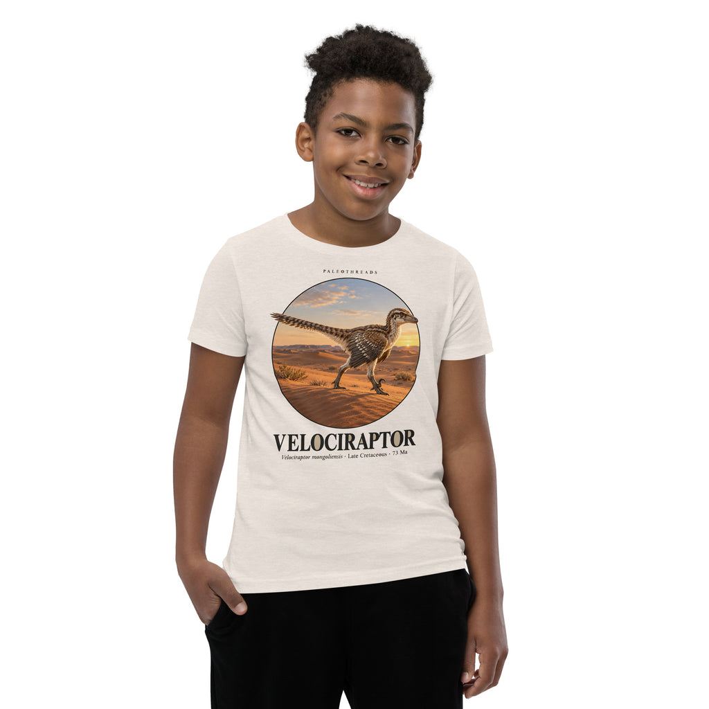 Velociraptor kids T-shirt in Heather Dust — Deep Time Atlas Plate 005, PaleoThreads