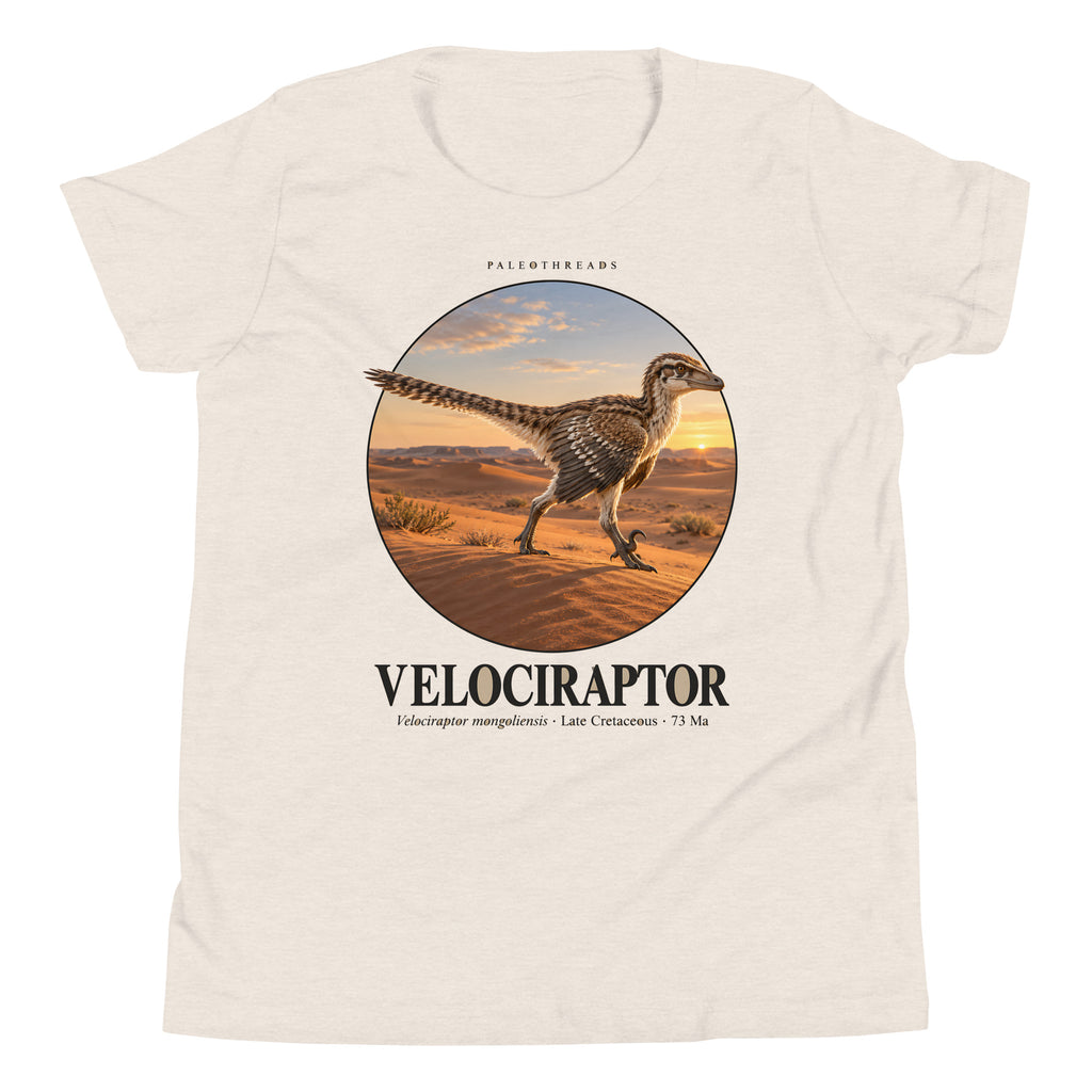Velociraptor kids T-shirt in Heather Dust — Deep Time Atlas Plate 005, PaleoThreads