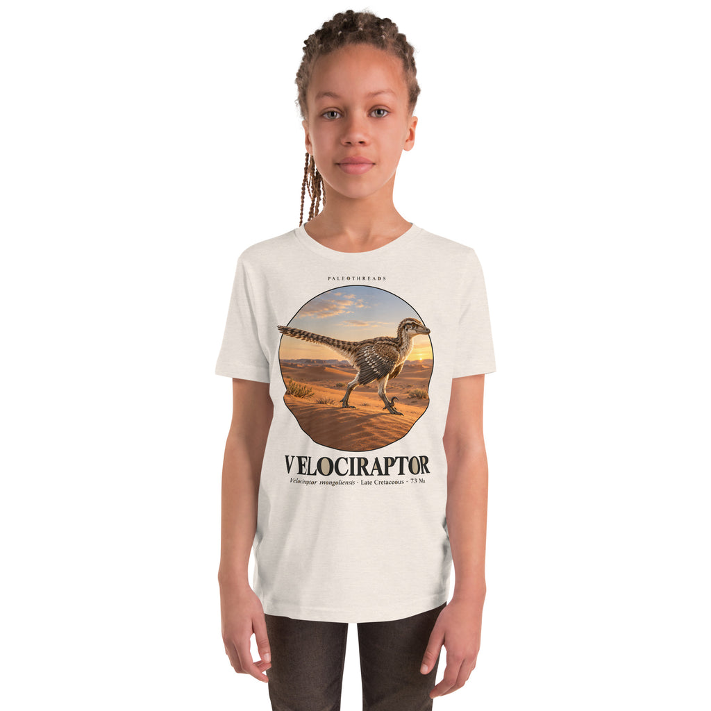 Velociraptor kids T-shirt in Heather Dust — Deep Time Atlas Plate 005, PaleoThreads